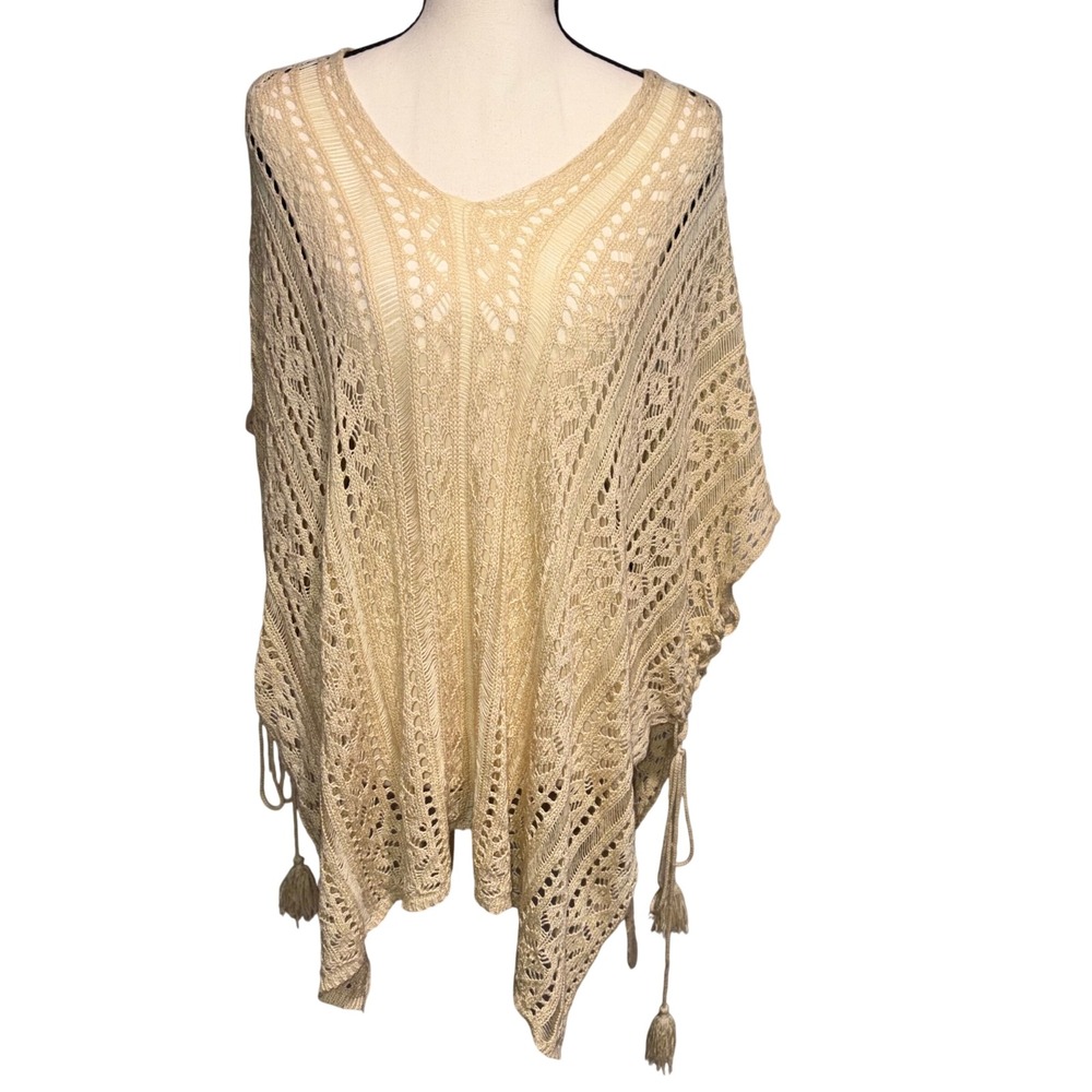 Boho Crochet Knit Tassel Poncho Unbranded Wrap Women One Size Beige